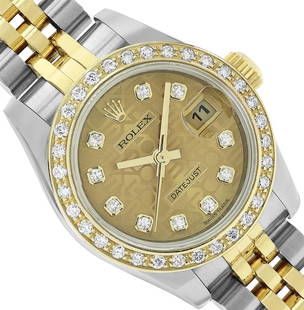 Rolex Ladies Quickset 2Tone 18K With Factory Diamond Dial Datejust With Rolex Bo: One Rolex Ladies Pre Owned Two Tone 18K Yellow Gold & Stainless Steel Rolex Datejust Polished, Serviced & Electronically Tested, Rolex Yellow Gold & Stainless Steel Case: 26mm, Rolex Yellow Gold Crown