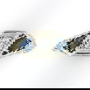 Antique Art Deco 18k White Gold .22 ctw Round Diamond Shield Sapphire 3 Stone Ri: An antique solid 18k white gold ring, with 1 old European cut natural diamond (G - SI2 ; 0.22ct), and 2 shield cut synthetic sapphires. The ring is size 4.5, weighs a total of 2.13 grams, and measures
