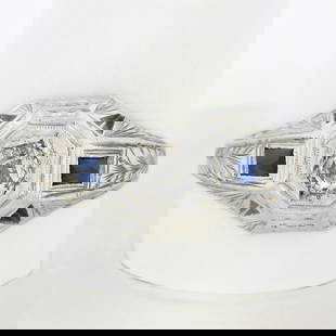 Antique Art Deco 18k Gold .40 ctw Old Diamond & French Sapphire Hand Engraved Ri: An antique solid 18k white gold engraved ring, with 2 french rectangular cut synthetic sapphires, and 1 old mine cut natural diamond (J - SI1 ; 0.40ct ). The ring is size 11, weighs a total of 6.65 gr