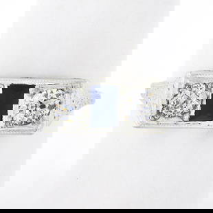 Antique Art Deco 20k Gold .45 ctw European Diamond & Sapphire Moi et Toi Band Ri: An antique solid 20k white gold ring, with 1 french baguette cut synthetic sapphire (4.5x3mm), and 2 old european cut natural diamonds (H/I - SI1/SI2 ; 0.45ctw).The ring is size 7.5, weighs a total of