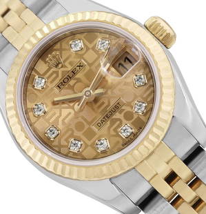 Rolex Ladies Quickset 18K Two Tone Factory Diamond Dial Datejust With Rolex Box: One Rolex Ladies Pre Owned Two Tone 18K Yellow Gold And Stainless Steel Rolex Datejust Polished, Serviced And Electronically Tested, Rolex Yellow Gold And Stainless Steel Case: 26mm, Rolex Yellow Gold