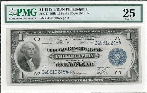 1918 $1 FRBN Federal Reserve Bank Note Philadephia PMG 25 Very Fine: One 1918 $1 FRBN Federal Reserve Bank Note Philadephia PMG 25 Very Fine. The serial number is 48612245.