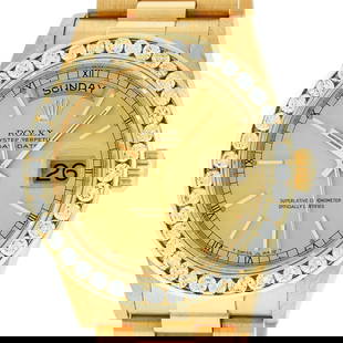 Rolex Mens Quickset 18K Yellow Gold Champagne Index 3 Carat Diamond Bezel Presid: One Mens Rolex Day Date 18K Yellow Gold President Polished, Serviced & Electronically Tested, Rolex 18K Yellow Gold Case: 36mm, Rolex 18K Yellow Gold Crown, Custom Bezel: New 18K Yellow Gold Channel B
