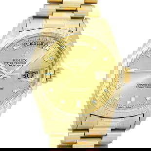 Rolex Mens Quickset 18K Yellow Gold Factory Diamond Dial Day Date President Wris: One Mens Quickset Rolex Day Date 18K Yellow Gold President Polished, Serviced & Electronically Tested, Rolex 18K Yellow Gold Case: 36mm, Rolex 18K Yellow Gold Crown, Rolex Bezel: 18K Yellow Gold Flute