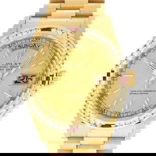 Rolex Mens Quickset 18K Yellow Gold Champagne Index Diamond And Ruby Bezel Presi: One Mens Rolex Day Date 18K Yellow Gold President Polished, Serviced & Electronically Tested, Rolex 18K Yellow Gold Case: 36mm, Rolex 18K Yellow Gold Crown, Custom Bezel: New 18K Yellow Gold Channel S