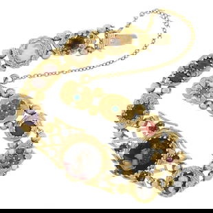 Vintage 14K Yellow Gold 6.25" Cameo & Gemmed Slide Charm Hidden Watch Bracelet: A vintage solid 14k yellow gold hidden watch bracelet, featuring Numerous Natural Genuine Stones Including Citrine, Coral, Garnet, Amethyst, Mother of Pearl, Sapphire, Ruby, Emerald, Turquoise & Cultu