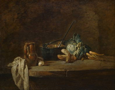 Jean Baptiste Chardin - Vegetables for the Soup: Artist: Jean Baptiste Chardin - Title: Vegetables for the Soup - Medium: Fine Art Reproduction Giclee on Canvas - Image Size: Approximately 15.5 inches x 20 inches - Unframed on Unstretched Canvas - B