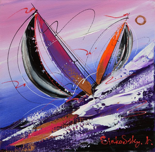 SINKOVSKY Full Sails ORIGINAL ACRYLIC: Artist: Natalia Sinofsky Title: Full Sails Medium: Original Acrylic on Canvas Signature: This one-of-a-kind work is hand-signed by the artist at the bottom of the image Size: Approximately 12 inches x