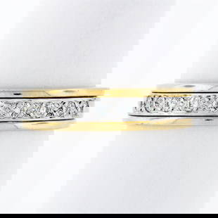 Estate Men's 14K Two Tone Gold 0.25 ctw Round Pave Set Diamond Wide Band Ring: A solid 14k yellow & white gold men's band ring, with 9 round brilliant cut natural diamonds (G/H - VS2/SI1; 0.25ctw). The ring is size 7.0, weighs a total of 4.22 grams, and measures 4.80mm wide.