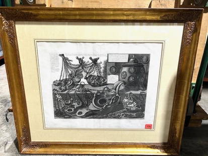 1700 Engraving de ROMA by Giovanni Piranesi: Framed 18thCentury Engraving 20x25" by famed Architect& Engraver Giovanni Piranesi, depicting a collection of excavated ancient Roman artifacts. Catalogue Raisonne by M.Henri Focillon . Old frame 32x3