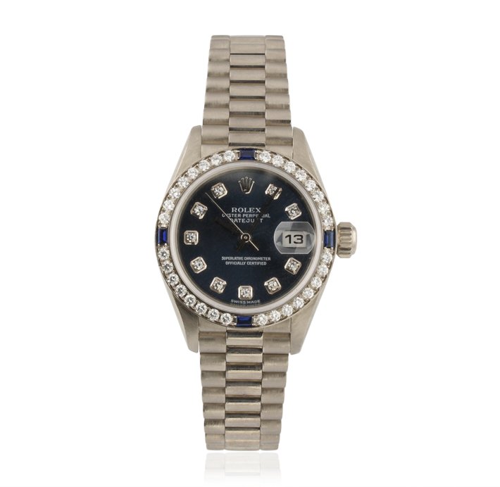 18KT White Gold Rolex Lady President DateJust Wristwatc: 18KT White Gold Rolex Lady President DateJust Wristwatch A4624. Great Condition! BU90901EI. One ladies, hand crafted & machine milled Rolex Lady President the DateJust Model wristwatch electronically 