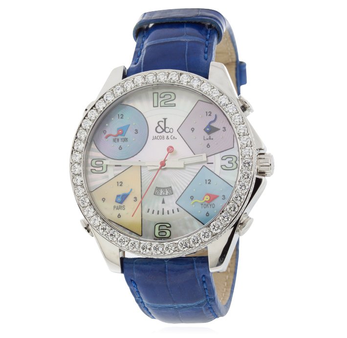 JACOB & CO. Five Time Zone Watch GB1603: JACOB & CO. Five Time Zone Watch GB1603. Good condition! PD9083GF. One gents JACOB & CO. five time zone watch. The watch features a stianless steel case, blue aligator band, diamond set bezel, mother 