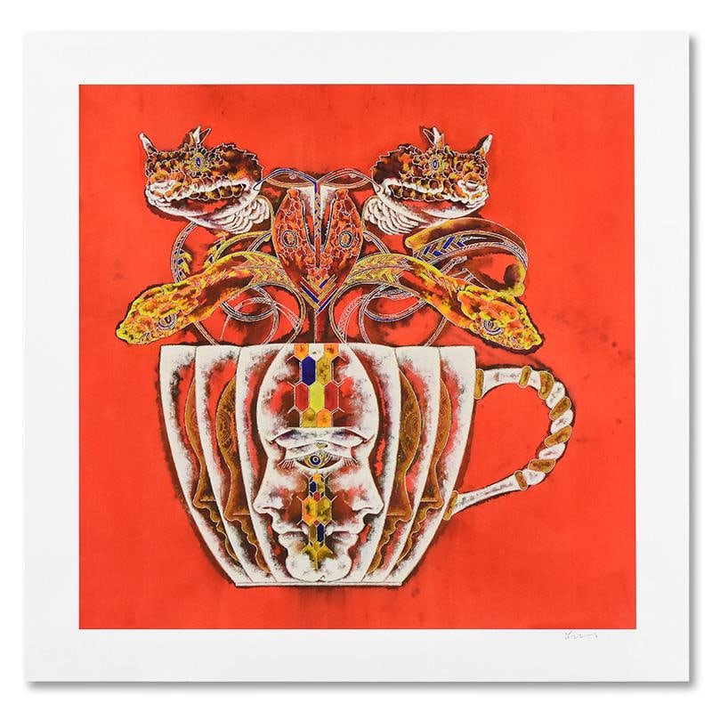 Medusa in Tea Cup 2 by Hong Lu: "Medusa in Tea Cup 2" is a limited edition giclee on paper by Lu Hong numbered and hand signed by the artist. Includes Letter of Authenticity. Measures approx. 20" x 20" (image).
