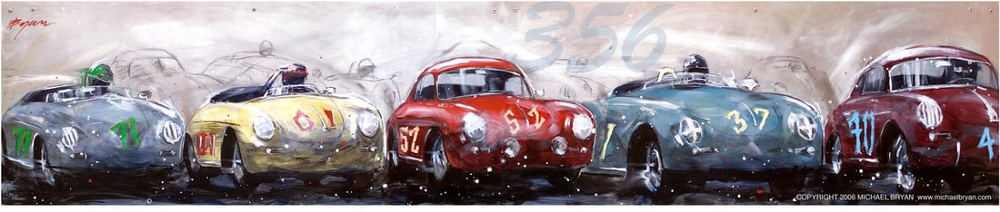 Porsche 356 by Michael Bryan: Michael Bryan pays tribute one of his favorites, the Porsche 356 in this wide-angle view of the Classic cars. A hand-worked giclee on canvas, this is 40x8.5", numbered 1/1 Unique.