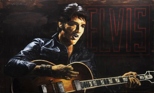 Elvis Presley by Stephen Holland: Elvis Presley 25.5" x 42" Giclee PP1, by Stephen Holland on boxed canvas. Was exhibited so some slight wear showing on edges .w/COA