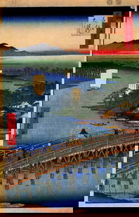 Hiroshige Senju Great Bridge: Artist: Utagawa Hiroshige - Title: Senju Great Bridge - Medium: Fine Art Giclee on Canvas - Image Size: Approximately 32 inches x 20.5 inches - Unframed on Unstretched Canvas - Biography: (1797 - 12 O