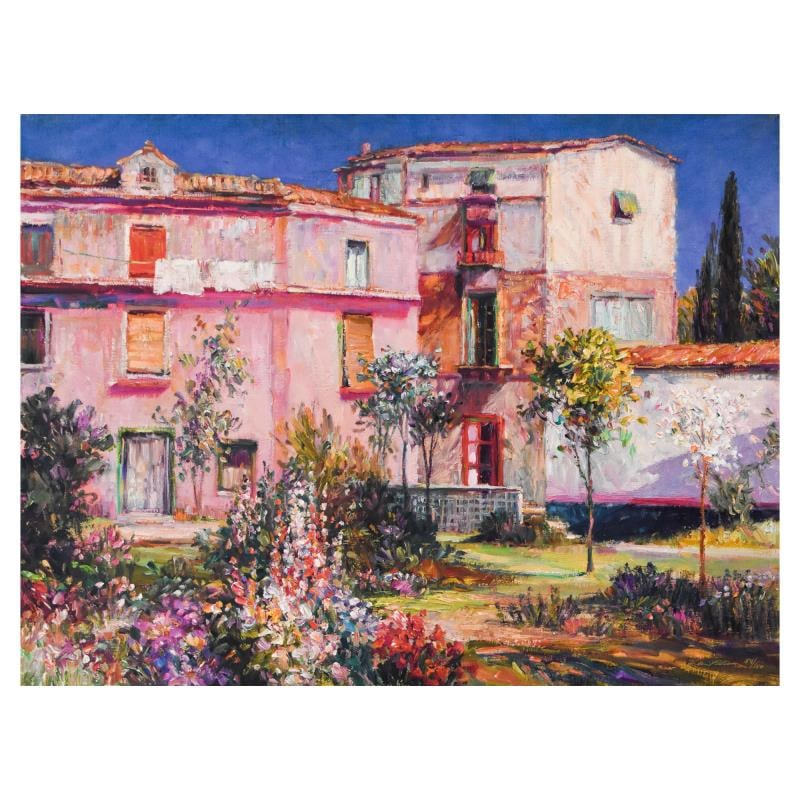 Casa Majorca by Plisson (1933-2006): "Casa Majorca" is a limited edition serigraph on canvas by Henri Plisson (1933-2006), numbered 54/150 and hand signed by the artist. Includes Letter of Authenticity. Measures approx. 33" x 25" (image)