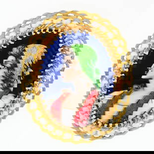 Vintage 14k Gold French Hand Painted Porcelain Portrait Pearl Pin Brooch Pendant: A vintage solid 14k yellow gold brooch or pendant with a hand painted portrait on porcelain surrounded with a halo of 36 round shape cultured pearls (2.5 to 2.9mm). Measures 41.23x33.91mm and weighs a