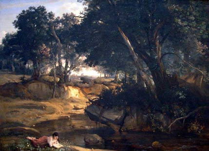 Corot - Forest of Fontainebleau: Artist: Jean-Baptiste-Camille Corot - Title: Forest of Fontainebleau - Medium: Fine Art Reproduction Giclee on Canvas - Image Size: Approximately 14.5 inches x 20 inches - Unframed on Unstretched Canv