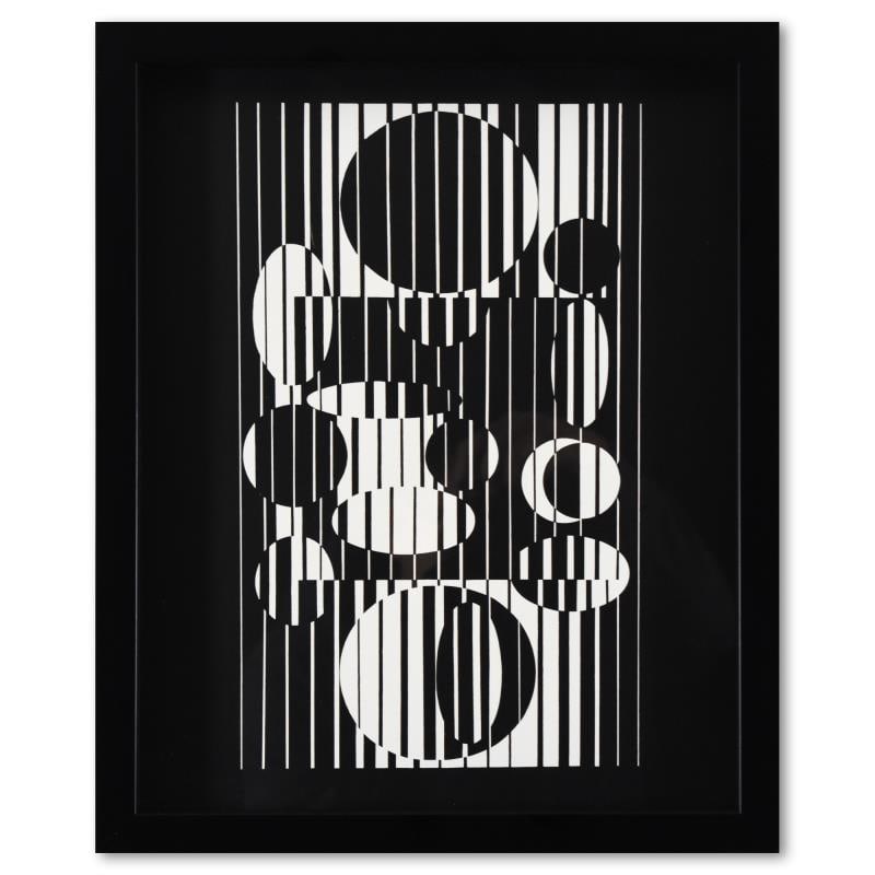 Iaca de la serie Lineaires by Vasarely (1908-1997): "Iaca de la serie Lineaires" is a heliogravure print on paper published in 1973 by Victor Vasarely (1908-1997). This piece comes custom framed with a letter of authenticity and with a 1976 Vasarely pa