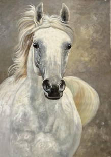 The Awesome Mare by Inam: Close up of a strongwilled white horse, original by Inam. Oil on Canvas 40x60 w/COA