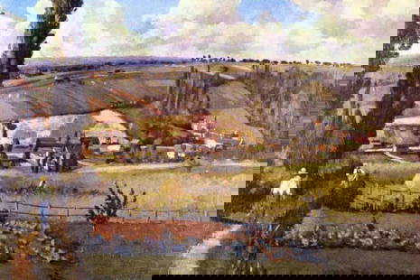 Camille Pissarro - Landscape with Farm Houses: Artist : Camille Pissarro - Title: Landscape with Farm Houses - Medium: Fine Art Reproduction Giclee on Canvas - Image Size: Approximately 13.25 inches x 20 inches - Unframed on Unstretched Canvas - B