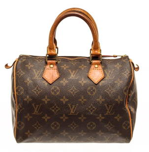 Louis Vuitton Monogram Speedy 25 Handbag: One Louis Vuitton Monogram Speedy 25 Handbag. Item is sold AS-IS. All available information is listed in the description and shown in the photo. Louis Vuitton Monogram Speedy 25 handbag with coated ca