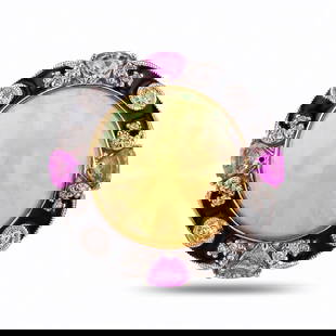 8.49 ctw Opal, 0.92 ctw Pink Sapphire and 0.27 ctw Diamond Platinum Ring: Platinum (PLAT) natural opal, pink sapphire corundum, and diamond ring. A round cabochon cut natural opal gemstone is mounted in the center of the ring. Triangular brilliant cut natural pink sapphire
