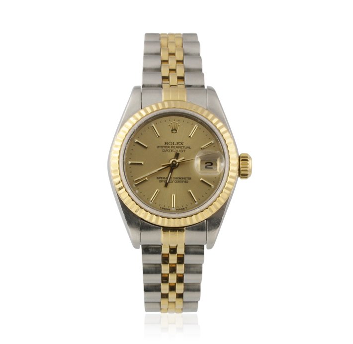 Lady Rolex Two Tone DateJust Wristwatch A4626: Lady Rolex Two Tone DateJust Wristwatch A4626. Great Condition! GK3581UN. One ladies, hand crafted & machine milled Rolex DateJust Model Stainless Steel & 18KT yellow gold wristwatch electronically te