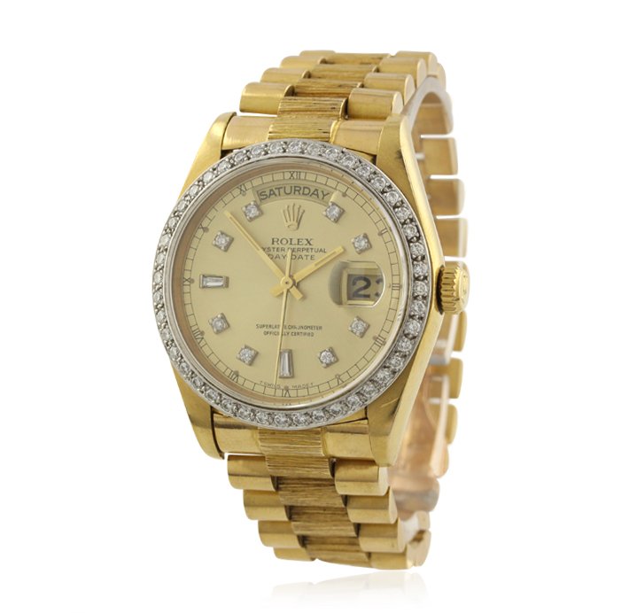 Gents Rolex 18KT Yellow Gold DayDate Wristwatch A4743: Gents Rolex 18KT Yellow Gold DayDate Wristwatch A4743. Good Condition! WT9109UX. One gents, hand crafted & machine milled Rolex DayDate model the President wristwatch electronically tested 18KT yellow