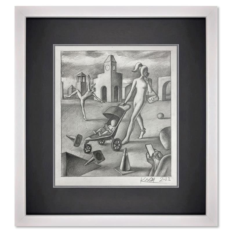 See You Tonight by Kostabi Original: "See You Tonight" is an original drawing on paper by Mark Kostabi, hand signed by the artist. This piece comes custom framed. Includes Certificate of Authenticity. Measures approx. 20.5" x 17.5" (fram
