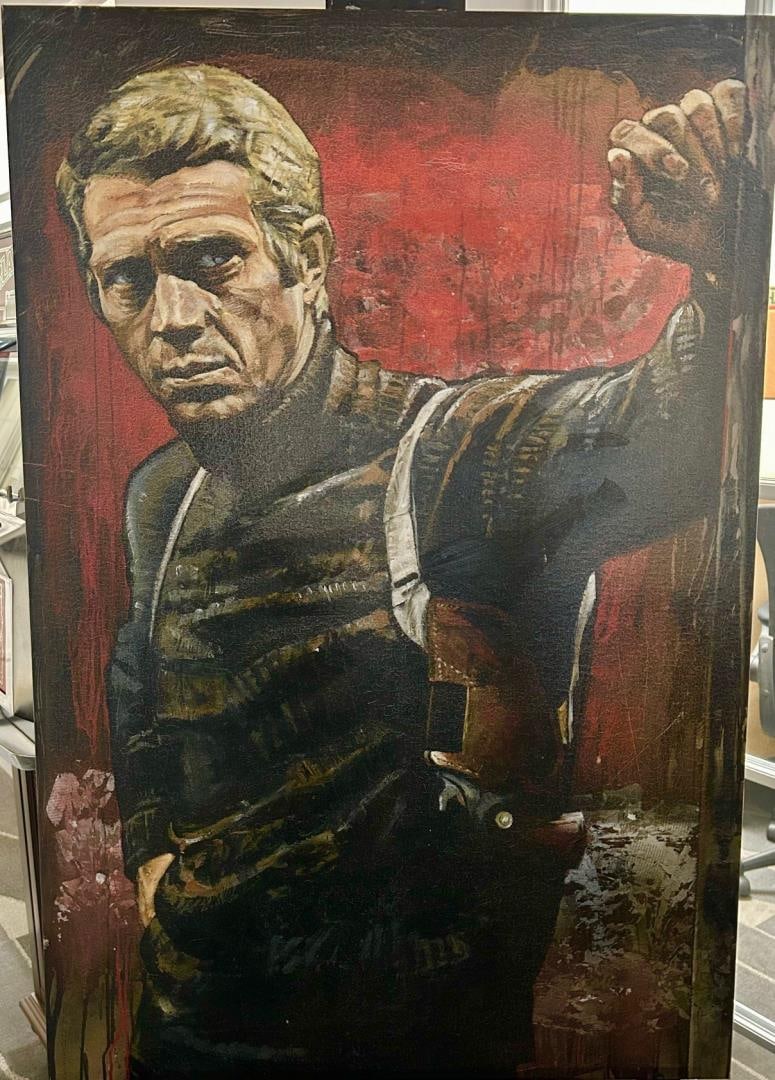 Steve McQueen by Stephen Holland: The one & only Steve McQueen by Stephen Holland is a 41.25" x 28" giclee PP1 on stretched canvas, with COA. Finish is crackled throughout but shows great.