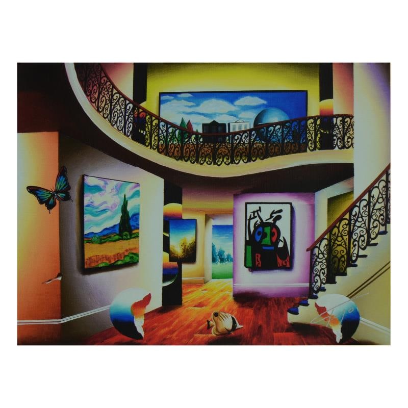 Cornfield with Magritte and Miro by Ferjo: "Cornfield with Magritte and Miro" is a limited edition giclee on canvas bearing Ferjos authorized signature. Includes Letter of Authenticity. Measures approx. 12" x 9" (image). This item requires spe