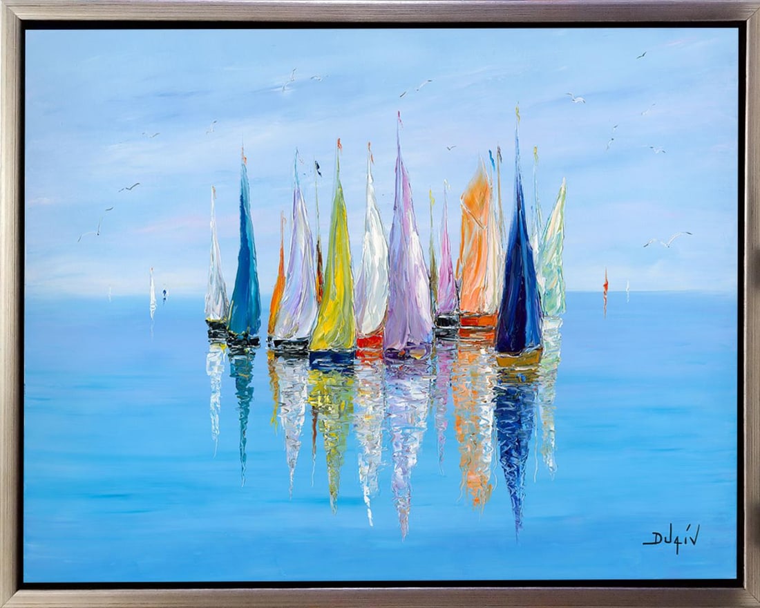 Bal Des Mouettes By Duaiv: Brilliant limited edition embellished giclee on canvas. Hand signed by Duaiv. This artwork comes framed in a silver floater ready to hang. Approximately 54x40 inches