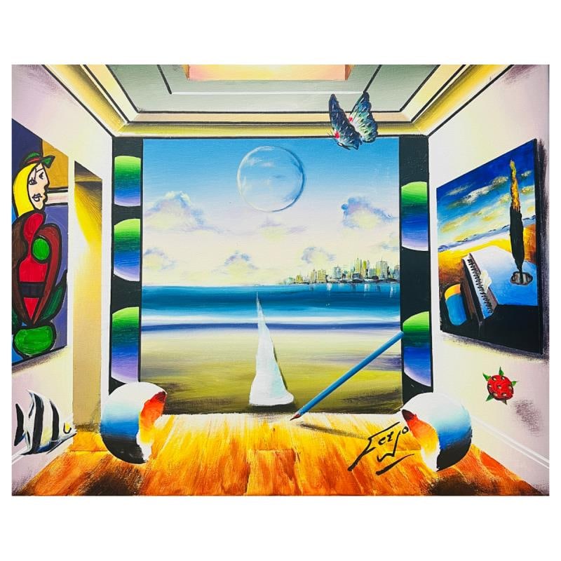 Dali & Picasso Enjoy City Views by Ferjo Original: "Dali & Picasso Enjoy City Views" is an original painting, oil on stretched canvas, by Ferjo. Hand signed by the artist, this piece comes with a letter of authenticity. Measures approximately 16" x 20