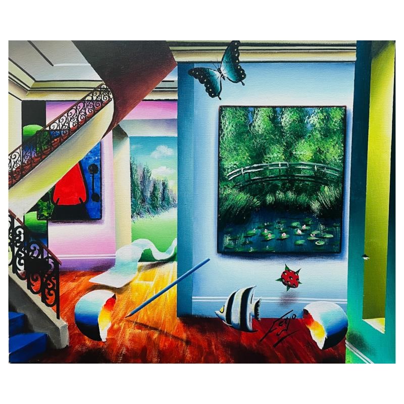 Monet Water Lilies for Miro by Ferjo Original: Monet Water Lilies for Miro is an original painting, oil on stretched canvas, by Ferjo. Hand signed by the artist, this piece comes with a letter of authenticity. Measures approximately 20 x 24 (image