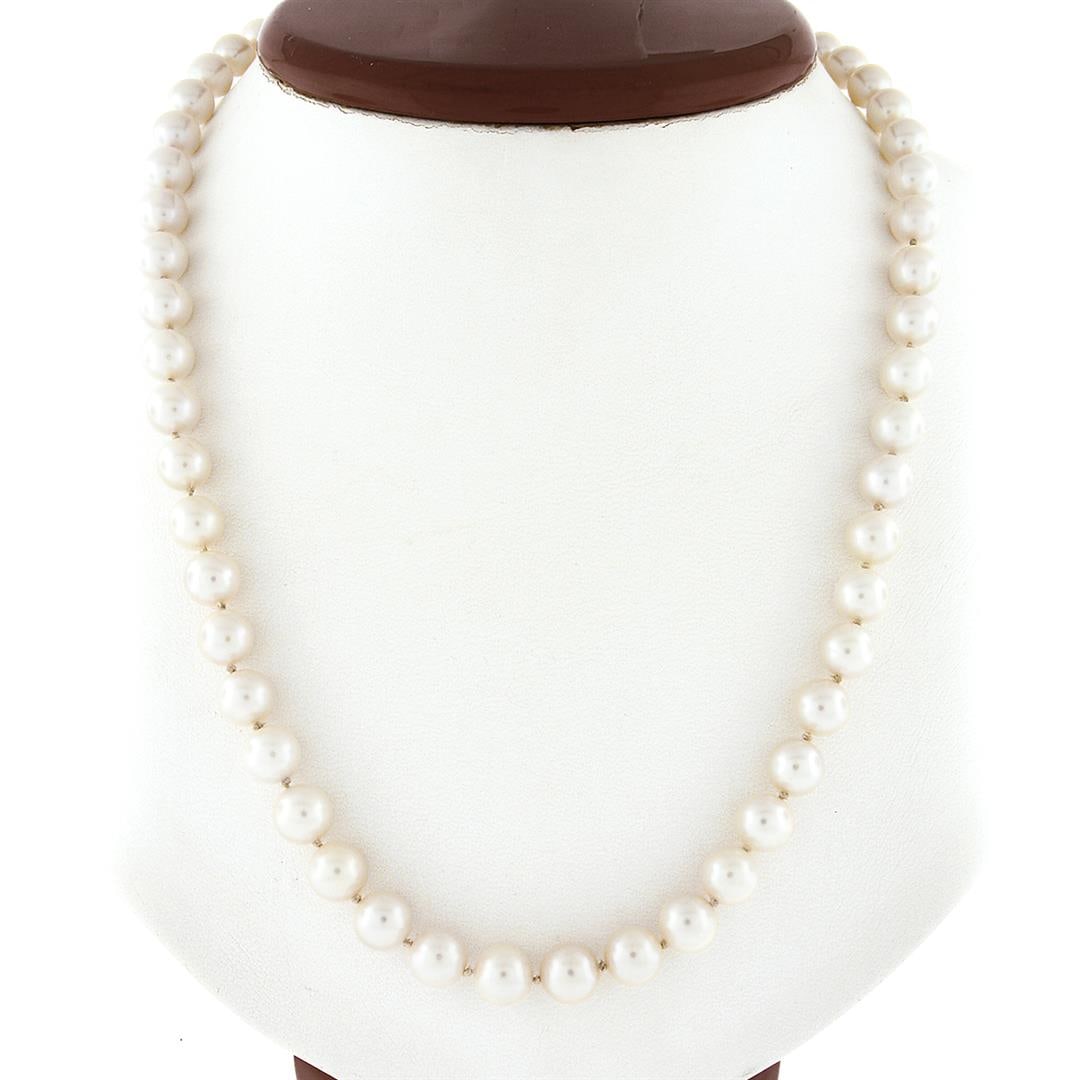 Cultured Pearl Strand Necklace w/ 14k White Gold Adjustable Length Cage Clasp: A strand necklace with solid 14k white gold cage clasp, featuring 57 round shape cultured pearls (7mm to 7.5mm each). Adjustable 18.5 inch strand link chain, 32.39 grams total weight, clasp thickness