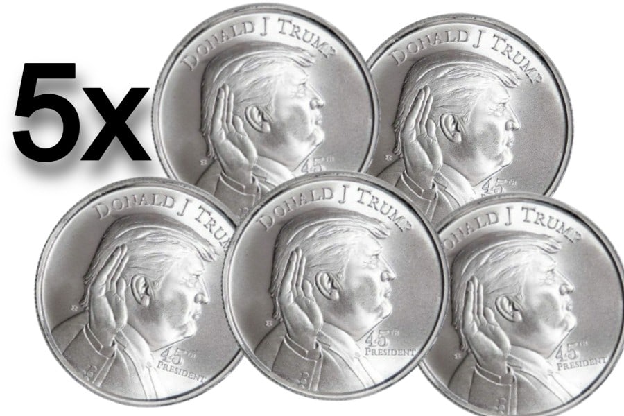 Donald Trump 45th President Fine Silver Coin BUNDLE (5): This bundle features five 1oz .999 fine silver coins showcasing a detailed profile of the 45th President, Donald J. Trump. Perfect for collectors and political memorabilia enthusiasts, these coins mak