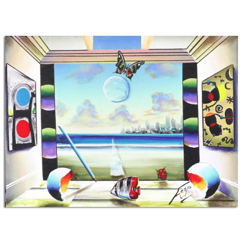 Views of Miro by Ferjo Original: "Views of Miro" is an original painting, oil on stretched canvas, by Ferjo. Hand signed by the artist, this piece comes with a letter of authenticity. Measures approximately 16" x 12" (image).