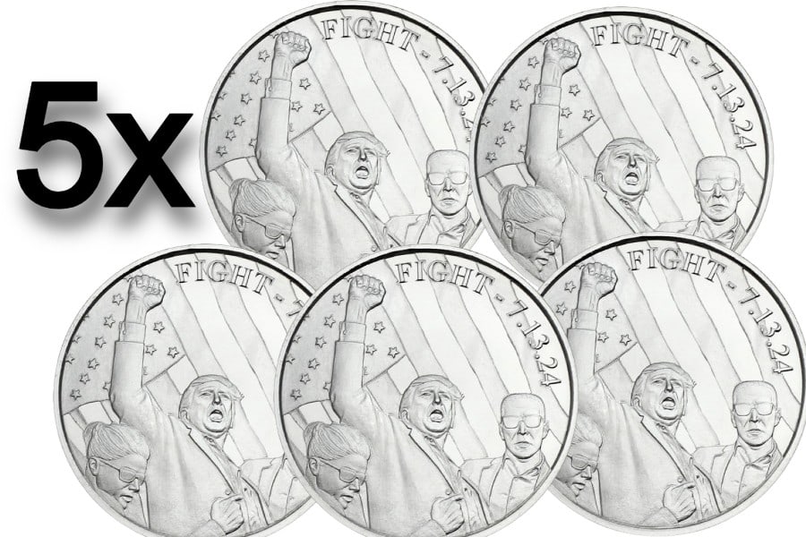 Donald Trump Fight Fine Silver Coin BUNDLE (5): This bundle contains five 1oz .999 fine silver coins featuring the iconic "Fight" image, inspired by the famous assassination attempt on Donald Trump. These collectible coins are ideal for silver enth