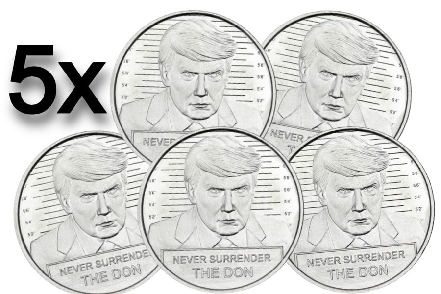 Donald Trump Mugshot Fine Silver Coin BUNDLE (5): This set includes five 1oz .999 fine silver coins, each depicting the bold "Never Surrender" mugshot of Donald Trump. A unique and collectible piece of political history, this bundle is a standout gif