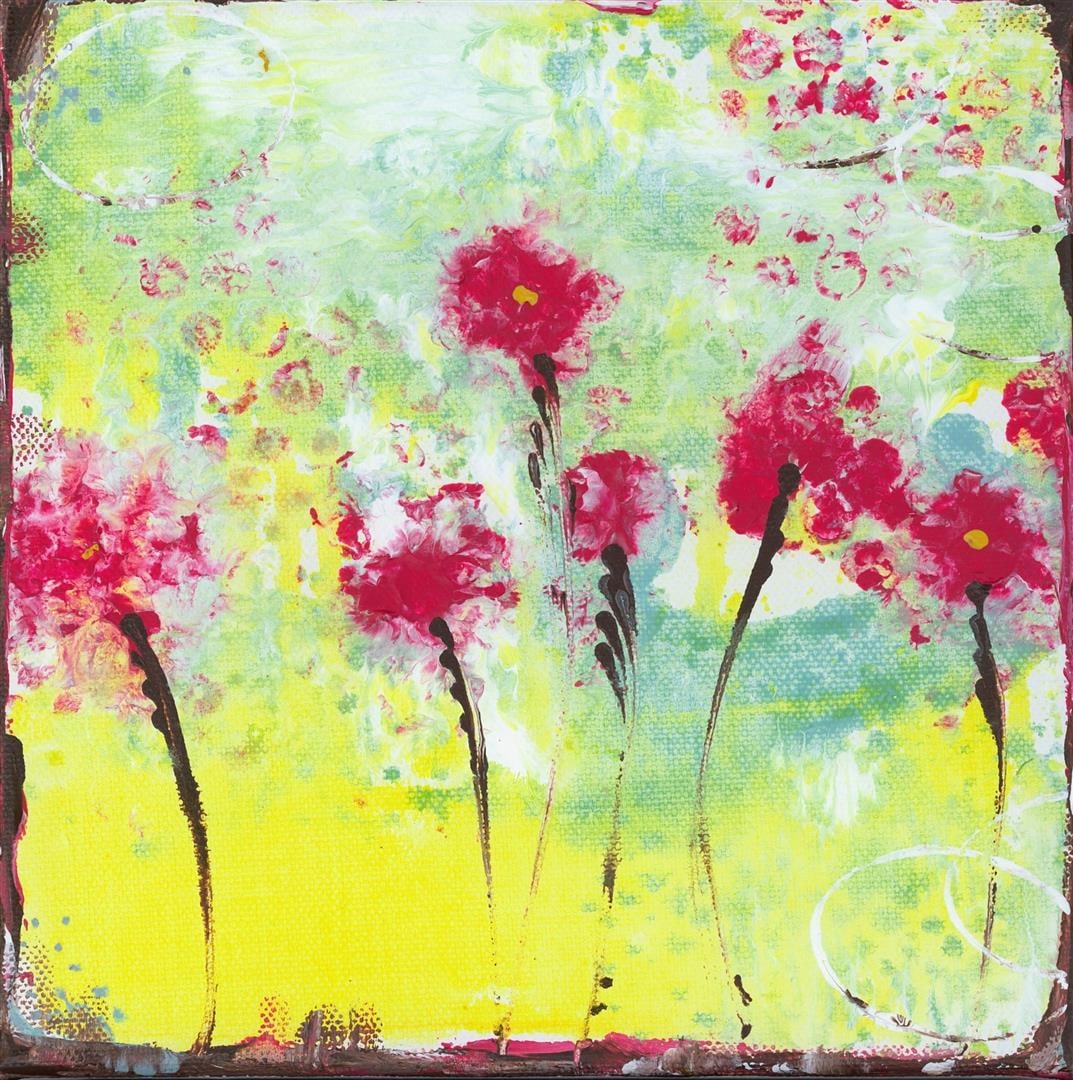 Summer Dance by Adonna: Acrylic on stretched canvas, 8" x 8", Red flowers dance across the canvas on a summer day by Adonna