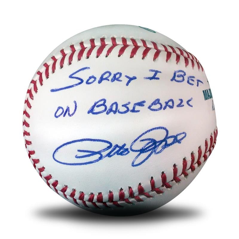 Pete Rose - Sorry Ball by Rose, Pete: This baseball has been hand-signed by Pete Rose with the inscription Sorry I bet on Baseball. Includes Certificate of Authenticity. Measures approx. 3 x 3 (baseball).
