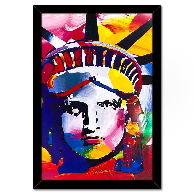 Liberty Head by Peter Max: "Liberty Head" is an offset lithograph on paper by Peter Max, hand signed by the artist. This piece comes custom framed. Includes Letter of Authenticity. Measures approx. 36.5" x 25" (frame), 32.5" x
