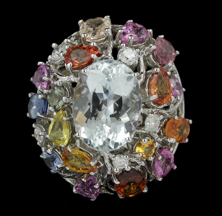 14KT White Gold 6.56ct Aquamarine and Gemstone Ring AJF: 14KT White Gold 6.56ct Aquamarine and Gemstone Ring AJF45. Good Condition! NG9921TX. One electronically testes 14KT white gold ladies cast multi-gemstone and diamond ring with a bright polish finish.