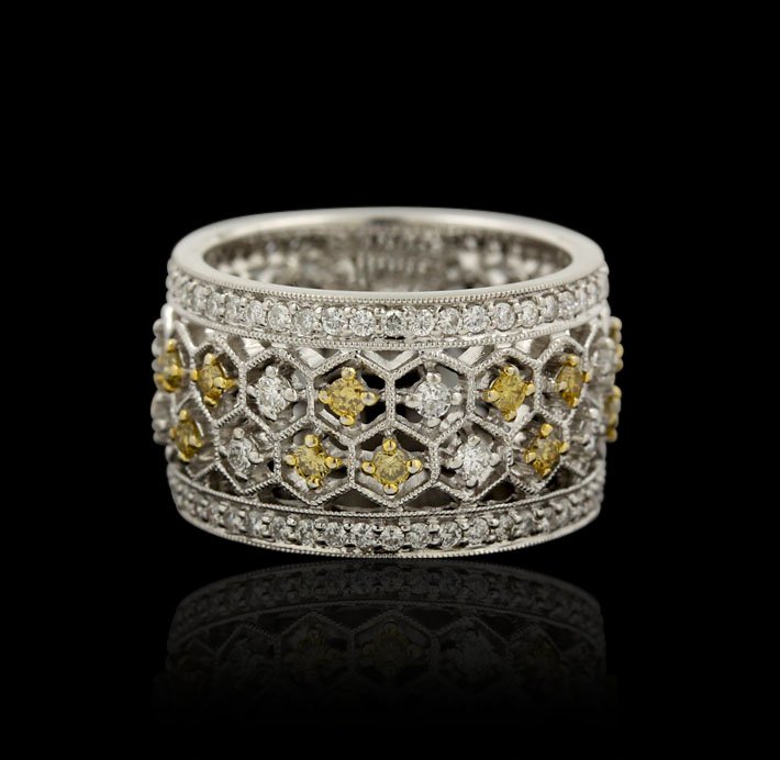 18KT White Gold 1.50ctw Yellow & White Diamond Ring GB1: 18KT White Gold 1.50ctw Yellow & White Diamond Ring GB1281. Great Condition! CF927CI. One ring featuring: 11.1gm of 18KT white gold, white diamonds with a total weight of 0.95ctw and yellow diamonds w