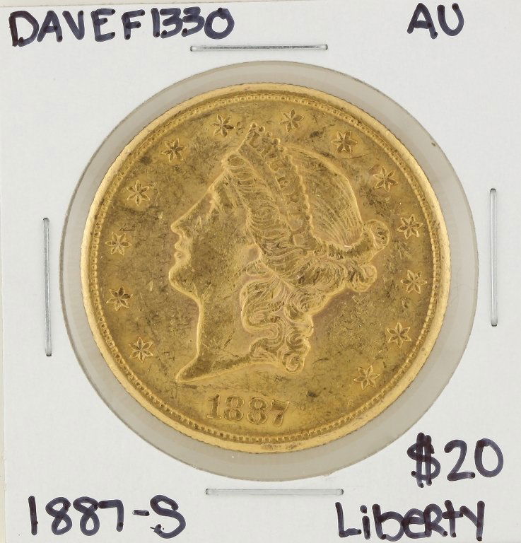 1887-S $20 AU Liberty Head Double Eagle Gold Coin DAVEF: 1887-S $20 AU Liberty Head Double Eagle Gold Coin DAVEF1330. As-Is Condition! BR9471UQ. One 1887-S $20 AU Liberty Head Double Eagle Gold Coin. Thank you for viewing this lot! We are always adding new
