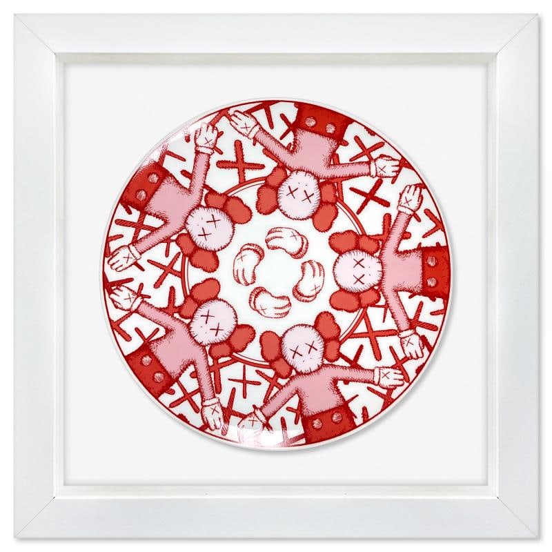 KAWS Plate by KAWS,: This is a porcelain plate by KAWS. This plate is custom framed and floated on linen. Measures approx. 14.5" x 14.5" (frame), 9" (plate diameter). This item requires special handling and may have a lon