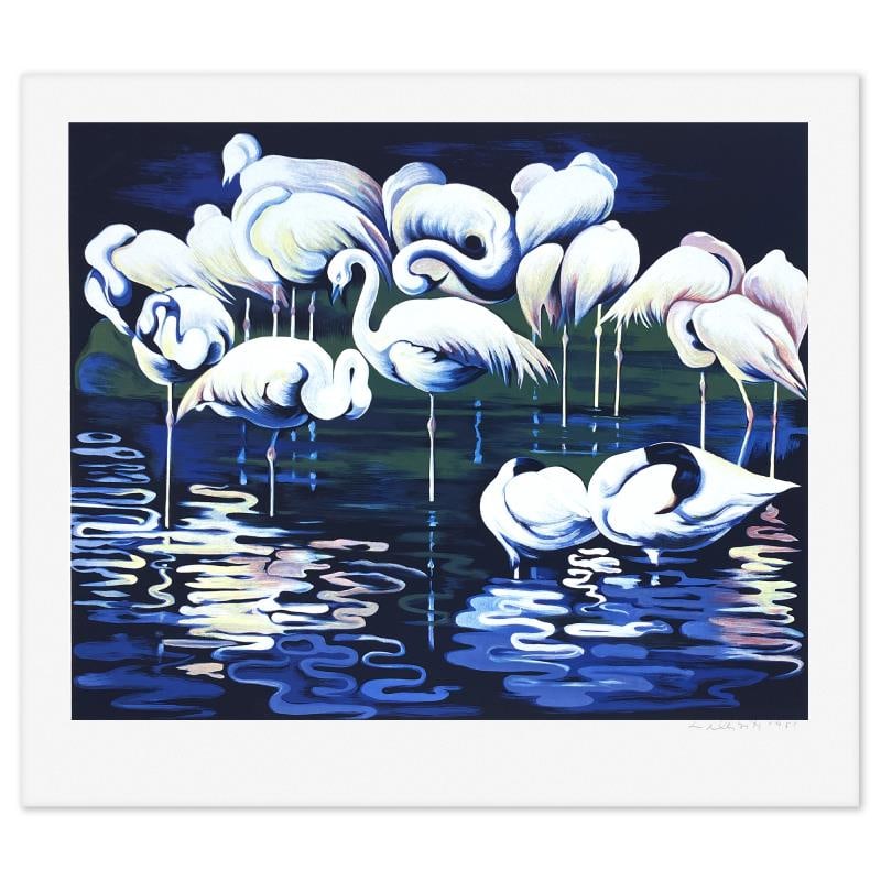 Flamingo by Nesbitt, Lowell: "Flamingo" is a limited edition serigraph on paper by Lowell Nesbitt, numbered and hand signed with a Letter of Authenticity. Measures approx. 37" x 42.5" (border), 30" x 37" (image).