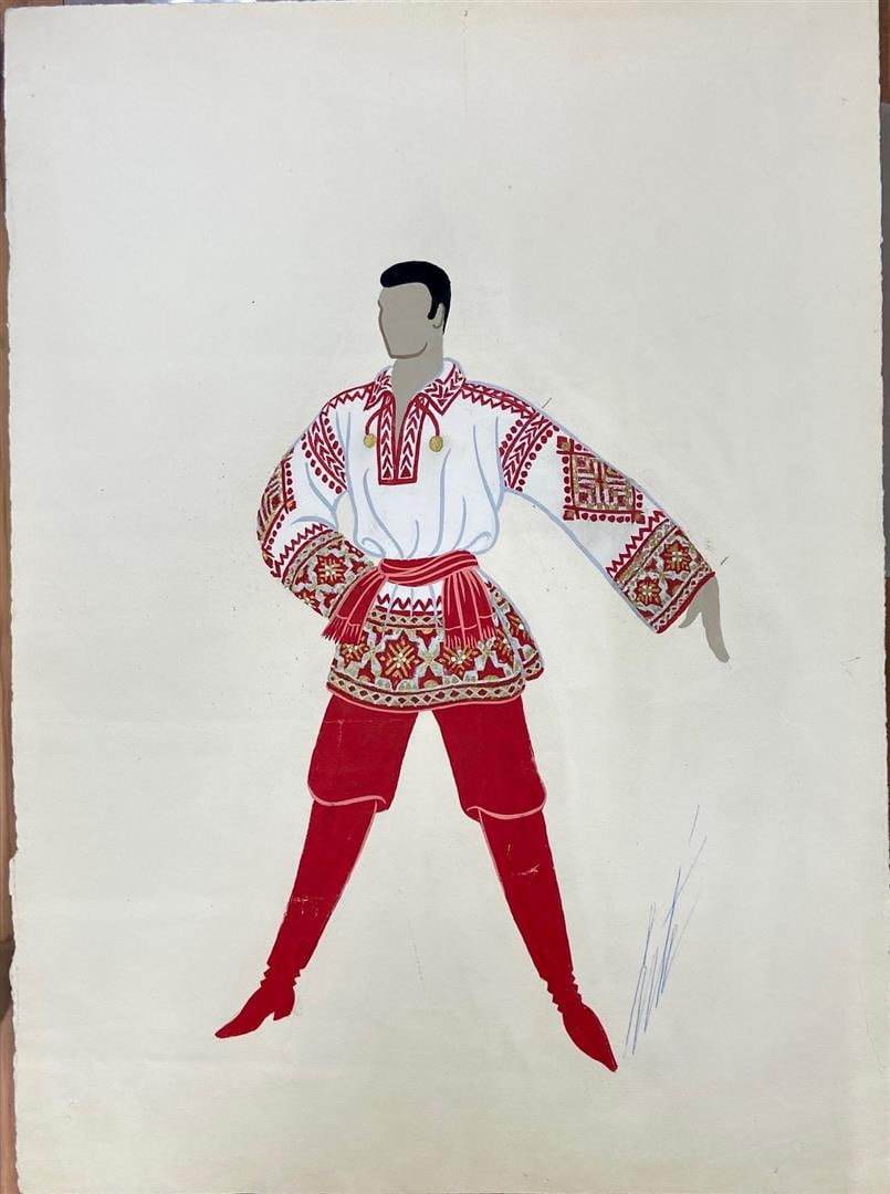 Red / White Costume by ERTE: Composition Original gouache on paper and hand-signed by ERTE. 14.5x10.75. Stamped paper